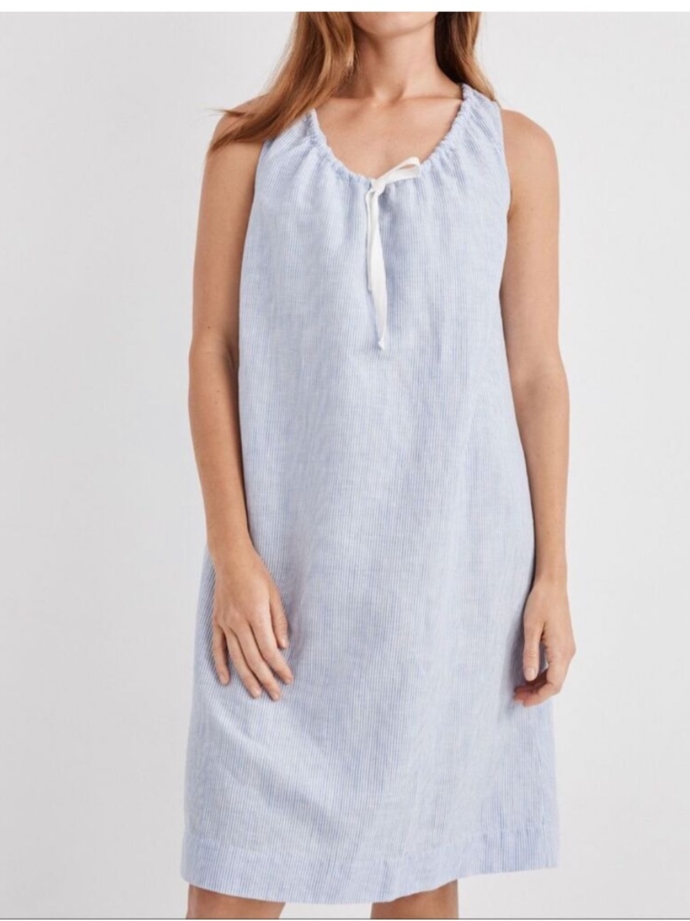 Haven Well Within blue & white linen cotton pinstripe sleep dress scallop trim